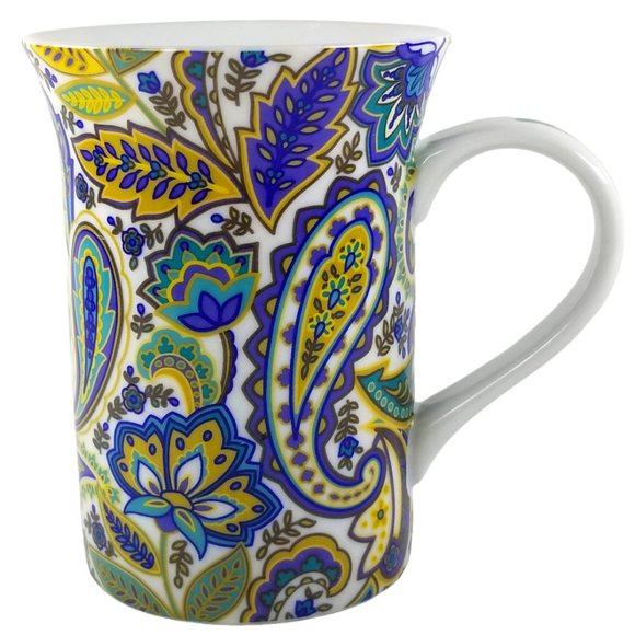 Lidded Tall 8oz Coffee Mug Gift Box Porcelain Blue/Yellow Paisley Floral B&N Mug - Picture 12 of 12